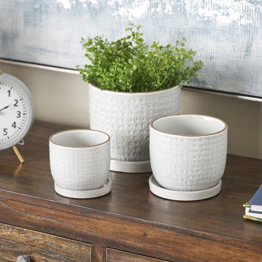 White Abstract Circle Pattern Ceramic Planter Set